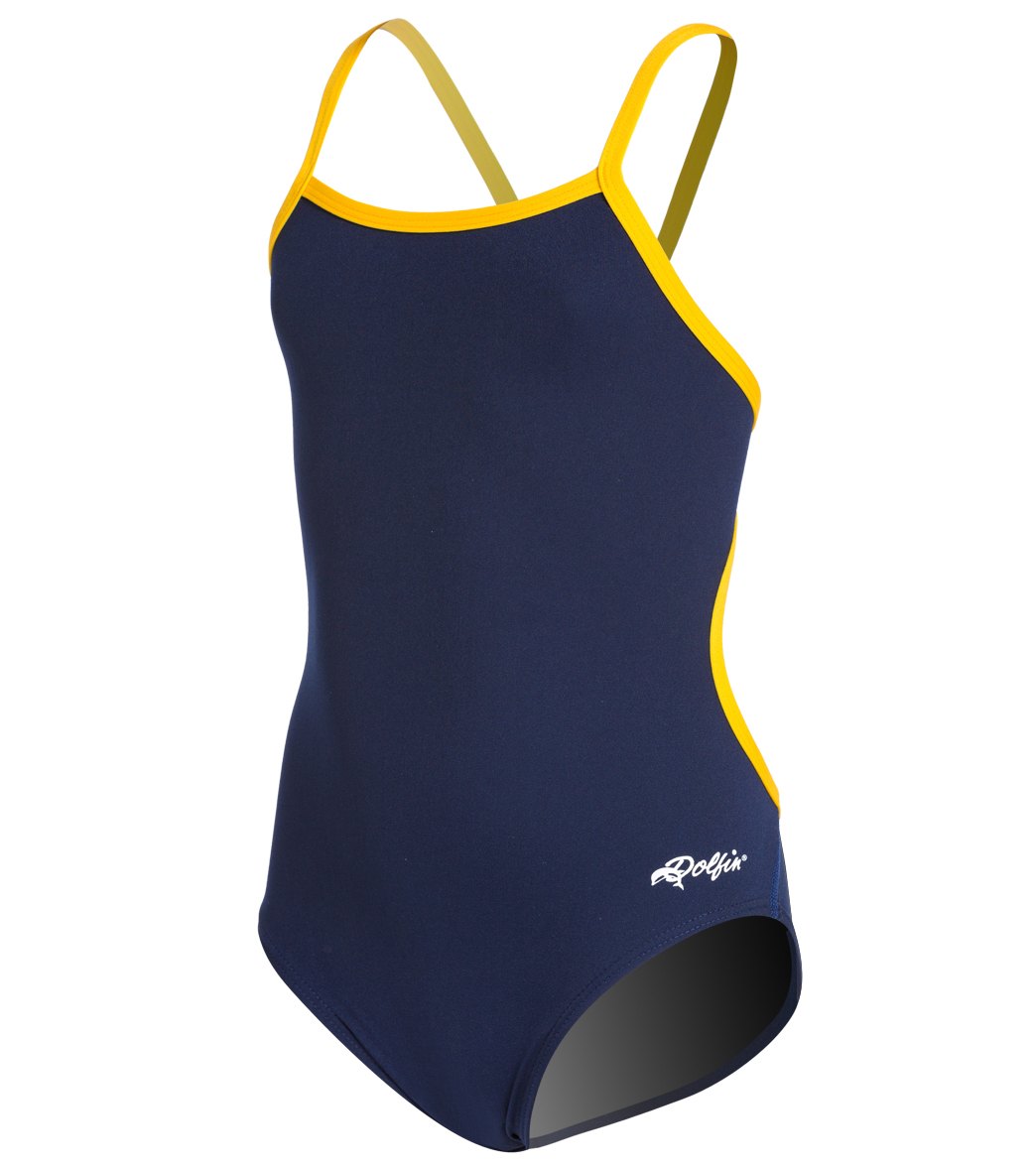 Dolfin Girls' All Poly Varsity Solid String Back One Piece Swimsuit - Navy/Gold 22 Polyester - Swimoutlet.com