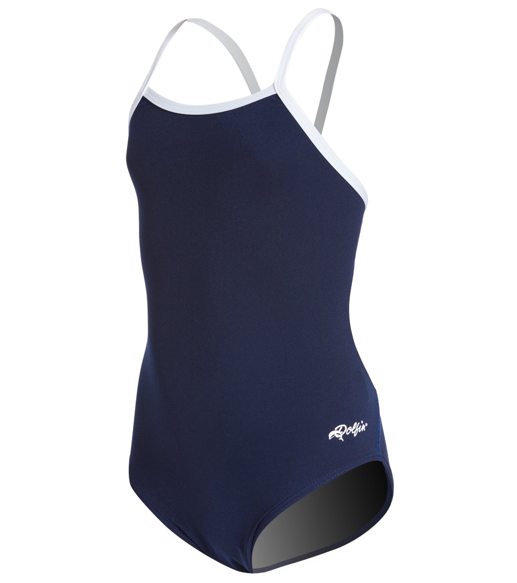 Dolfin Girls' All Poly Varsity Solid String Back One Piece Swimsuit - Navy/White 22 Polyester - Swimoutlet.com