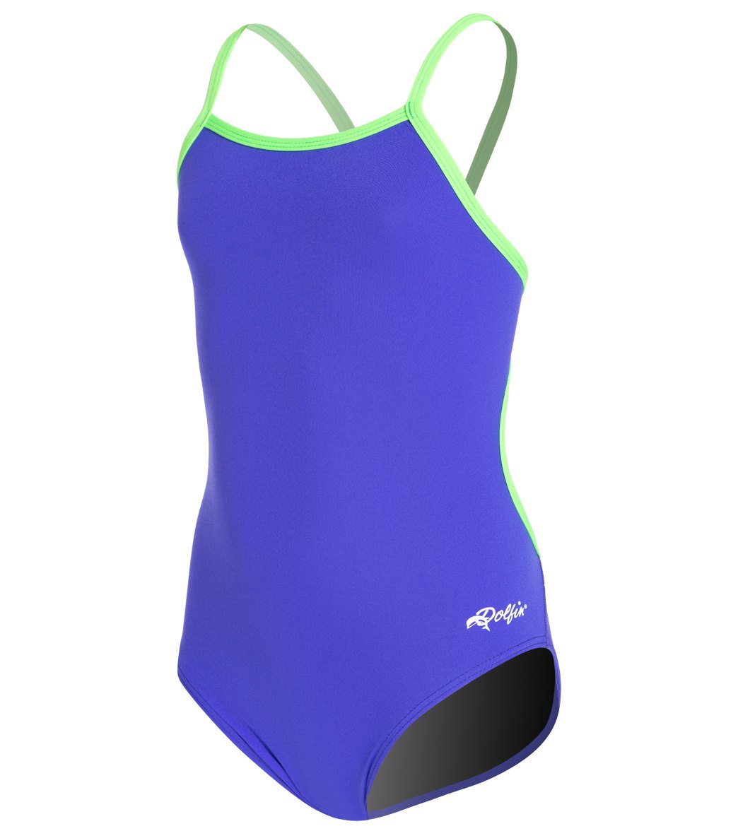 Dolfin Girls' All Poly Varsity Solid String Back One Piece Swimsuit - Purple/Lime 22 Polyester - Swimoutlet.com