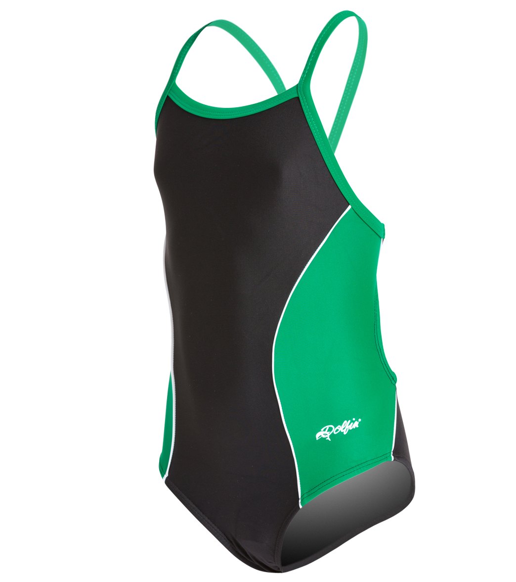 Dolfin Girls' Team Color Block V-2 Back One Piece Swimsuit - Black/Green/White 22 - Swimoutlet.com