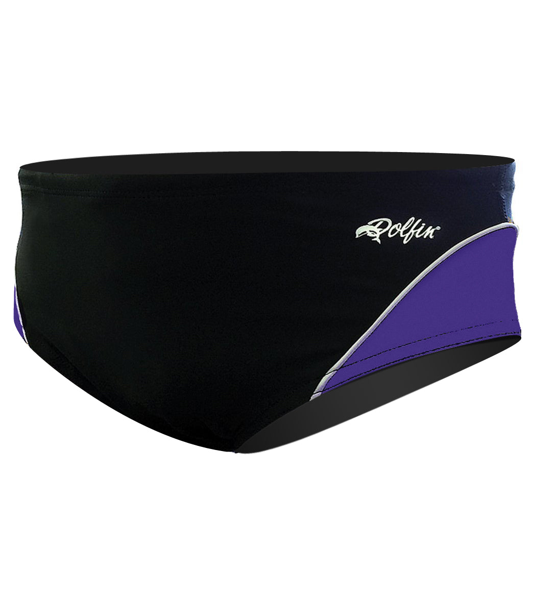 Dolfin Team Color Block Male Racer Brief Swimsuit - Black/Purple/White 26 Polyester - Swimoutlet.com