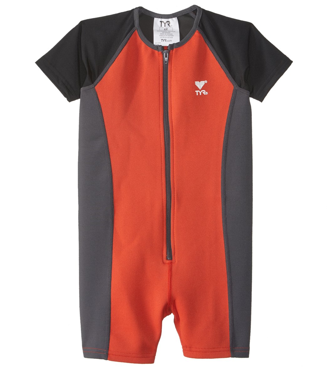 TYR boys' upf 50+ short sleeve thermal suit toddler - black/burnt orange 9/10 - swimoutlet.com