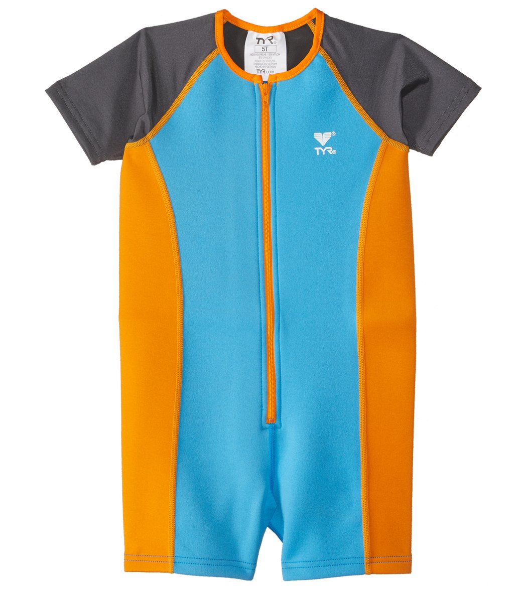 TYR boys' upf 50+ short sleeve thermal suit toddler - blue/orange 7/8 - swimoutlet.com