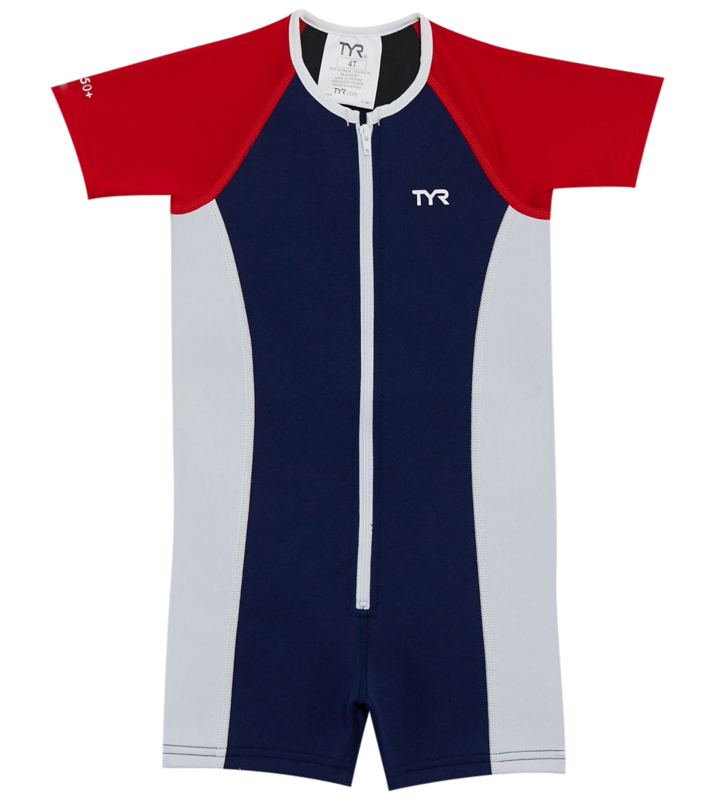 TYR boys' upf 50+ short sleeve thermal suit toddler - navy/red/white 3t - swimoutlet.com