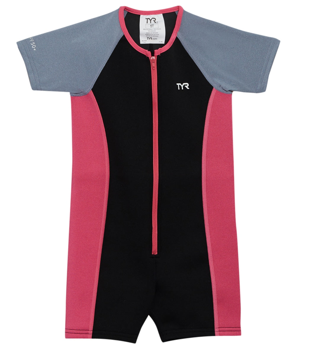 TYR Girls' Upf 50+ Short Sleeve Solid Thermal Suit Toddler/Little/Big Kid - Black/Grey/Pink 3T - Swimoutlet.com