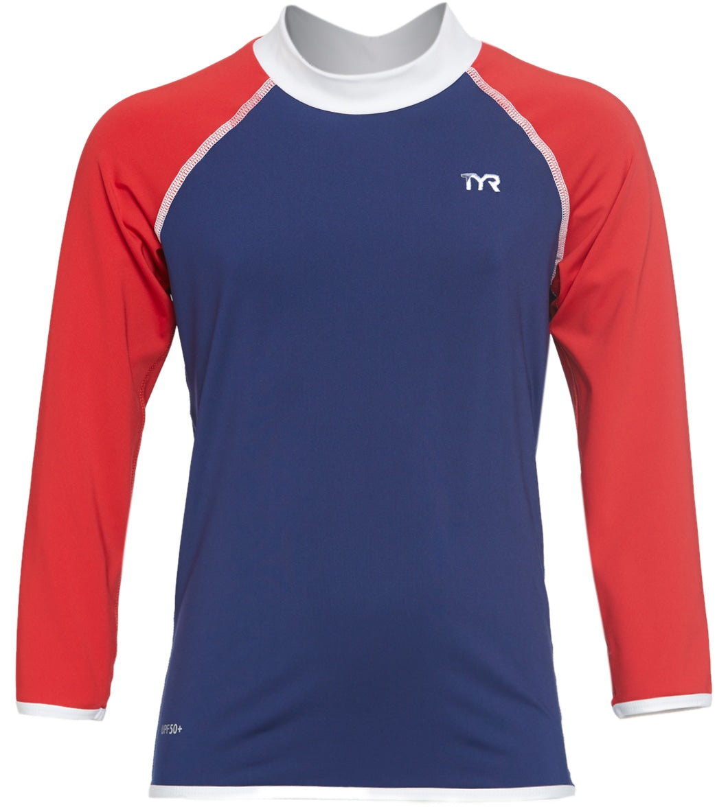 TYR Boys' Long Sleeve Solid Rashguard - Navy/Red X-Small 4/5 - Swimoutlet.com