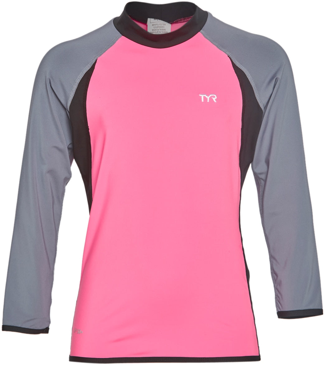 TYR Girls' Upf 50+ Long Sleeve Solid Rashguard - Pink/Grey Medium 7/8 - Swimoutlet.com