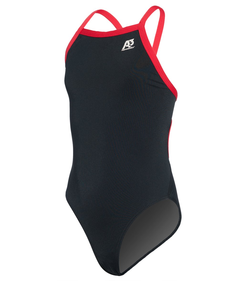 A3 Performance Female Youth X-Back Poly Swimsuit W/ Contrast Trim - Black/Red 22 Polyester/Pbt - Swimoutlet.com