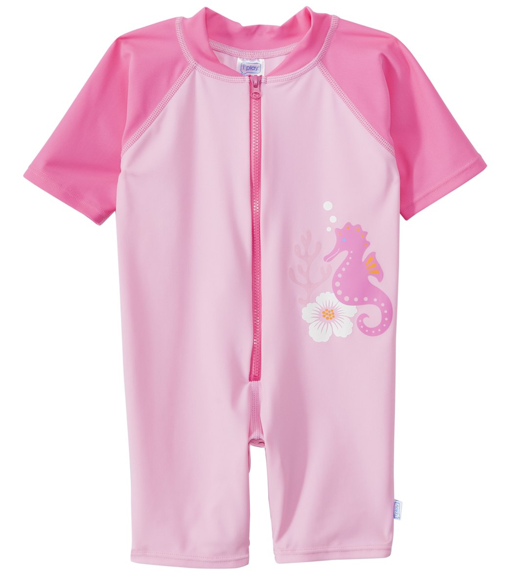 I Play. By Green Sprouts Girls' Pink Seahorse One Piece Uv Zip Sunsuit Baby - Large 18 Months - Swimoutlet.com