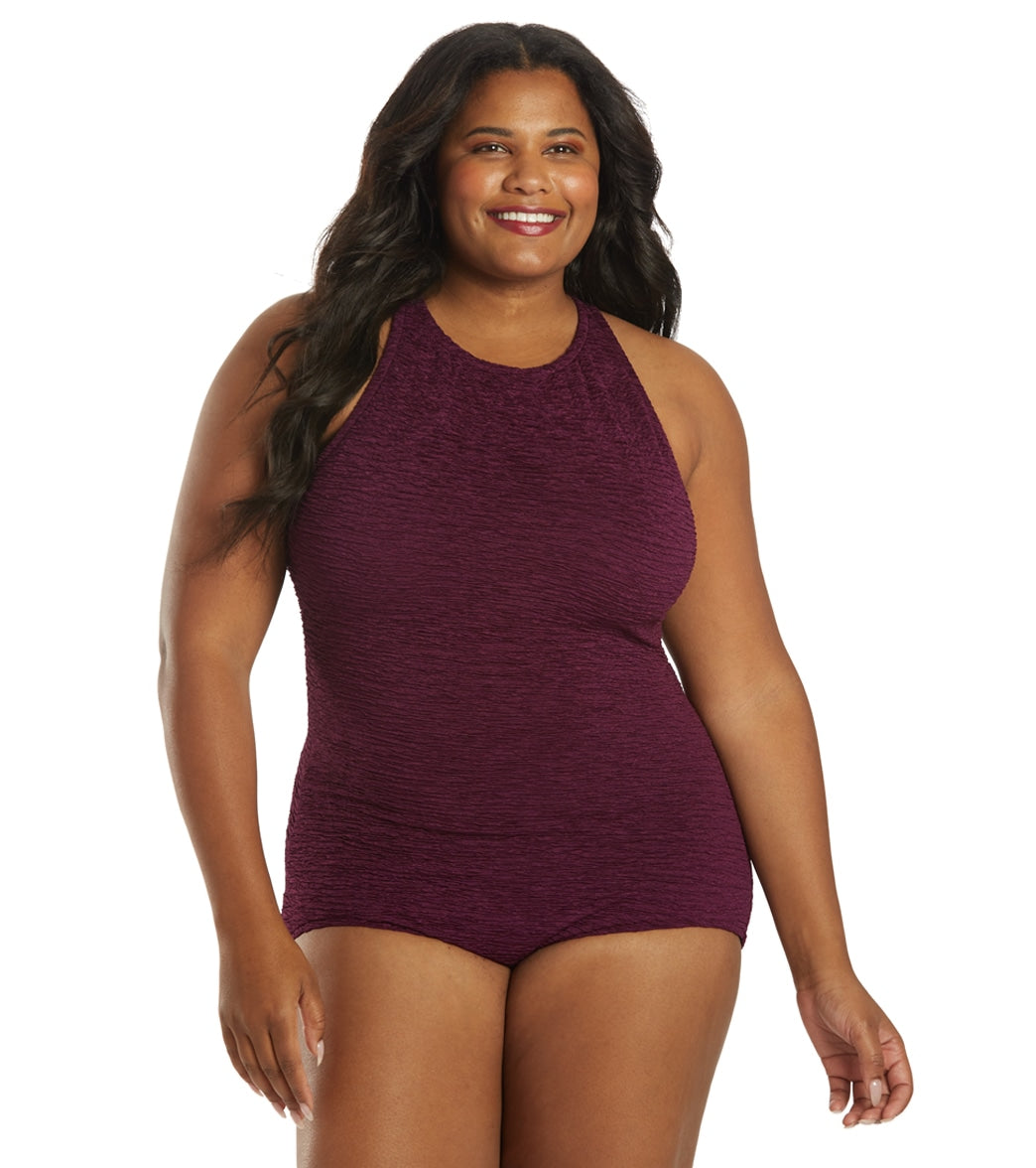 Krinkle Plus Chlorine Resistant High Neck Piece Swimsuit at SwimOutlet.com