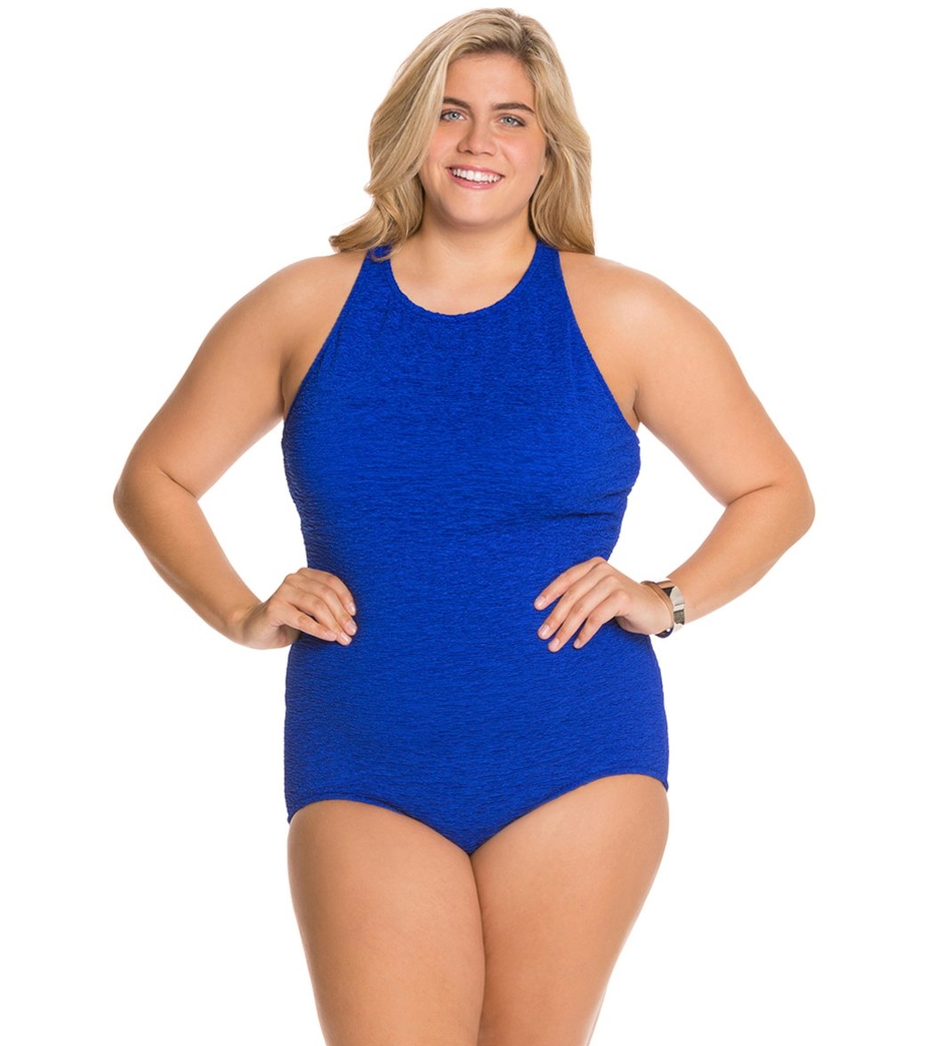 Penbrooke Krinkle Plus Size Chlorine Resistant High Neck One Piece Swimsuit - Royal 22W - Swimoutlet.com