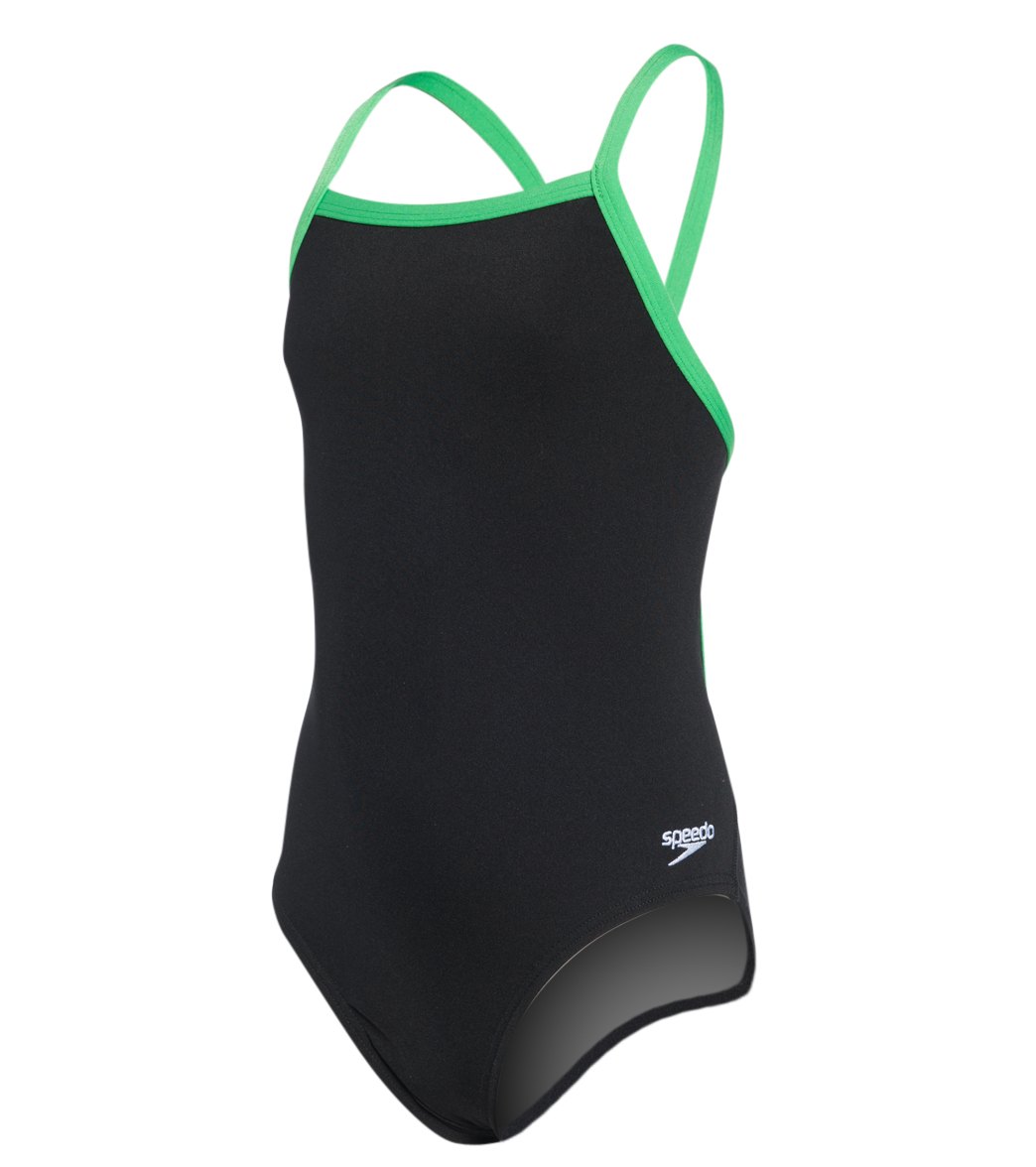 Speedo Girls' Solid Endurance + Flyback Training One Piece Swimsuit - Black/Bright Green 22/6 Polyester/Pbt - Swimoutlet.com