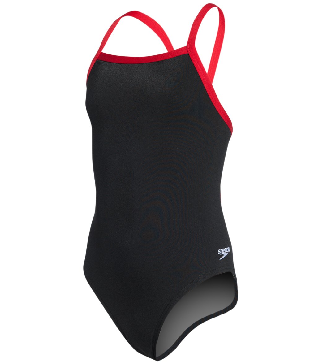 Speedo Girls' Solid Endurance + Flyback Training One Piece Swimsuit - Black/Red 22/6 Polyester/Pbt - Swimoutlet.com