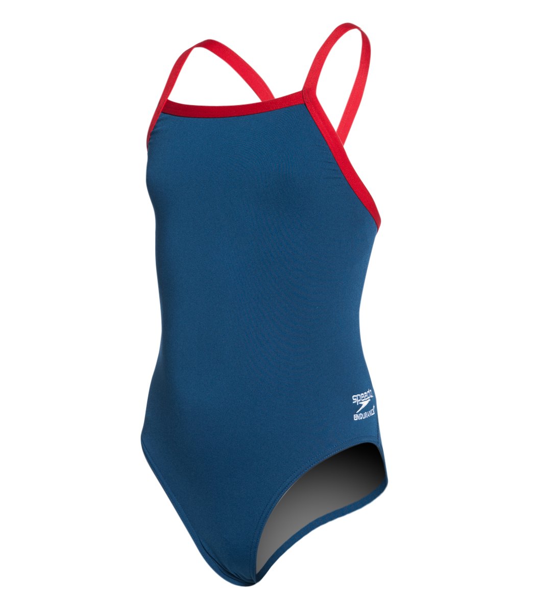 Speedo Girls' Solid Endurance + Flyback Training One Piece Swimsuit - Navy/Red 22/6 Polyester/Pbt - Swimoutlet.com