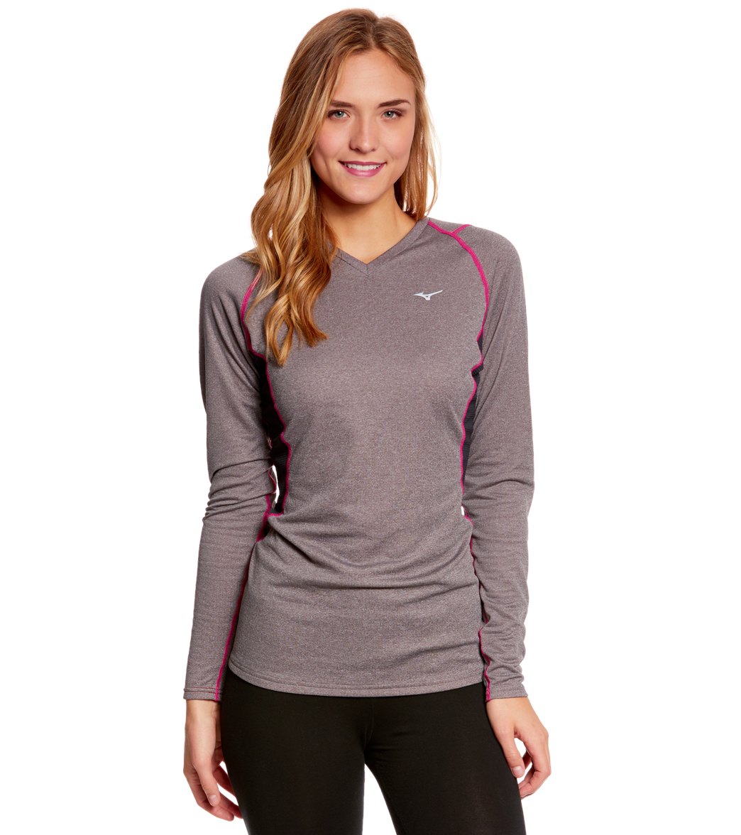 Mizuno Women's Breath Thermo Wool V-Neck Running Top - Fine Grey/Beetroot Large - Swimoutlet.com