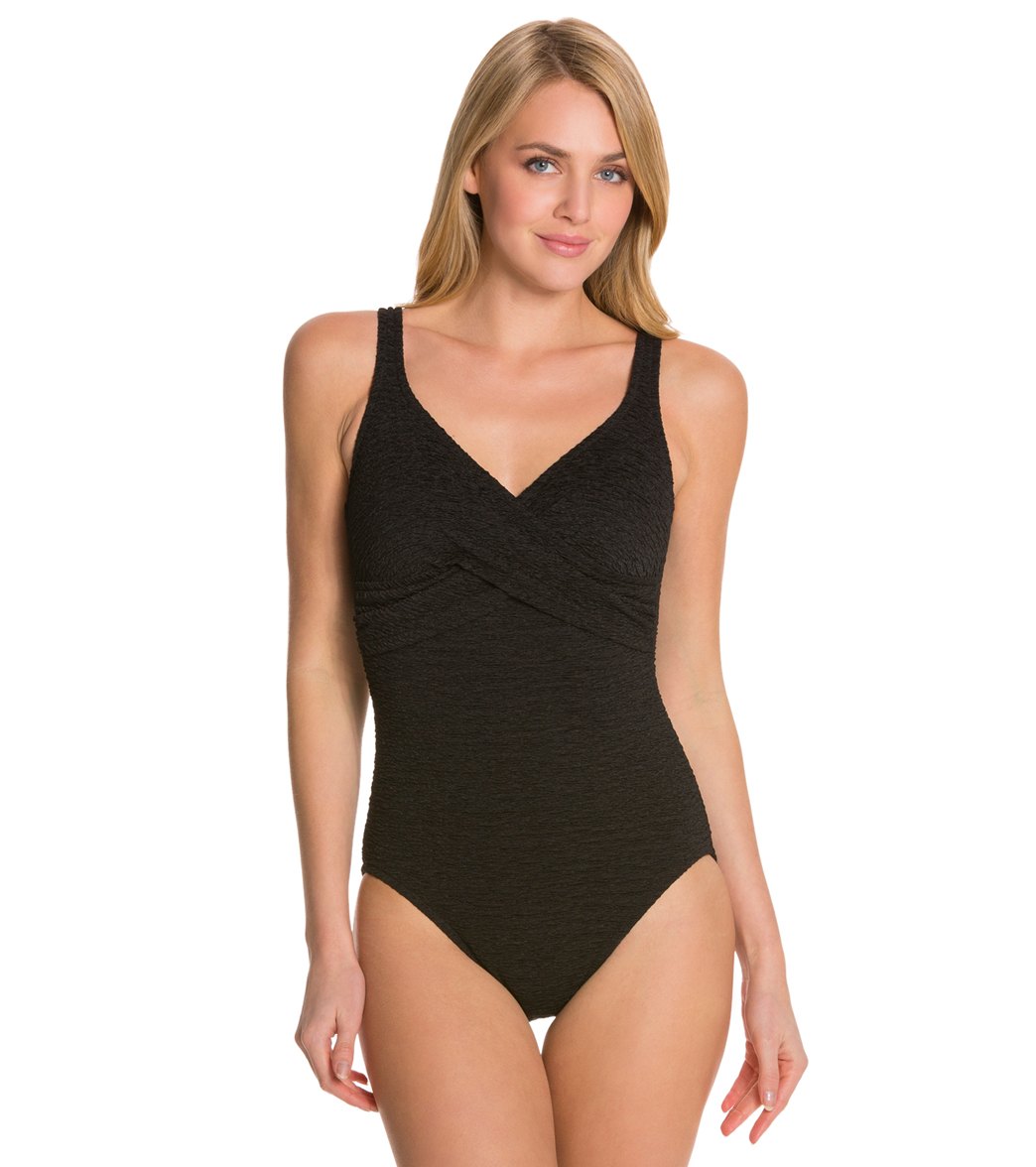 Penbrooke Krinkle Chlorine Resistant Cross Over One Piece Swimsuit - Black 14 Polyester - Swimoutlet.com