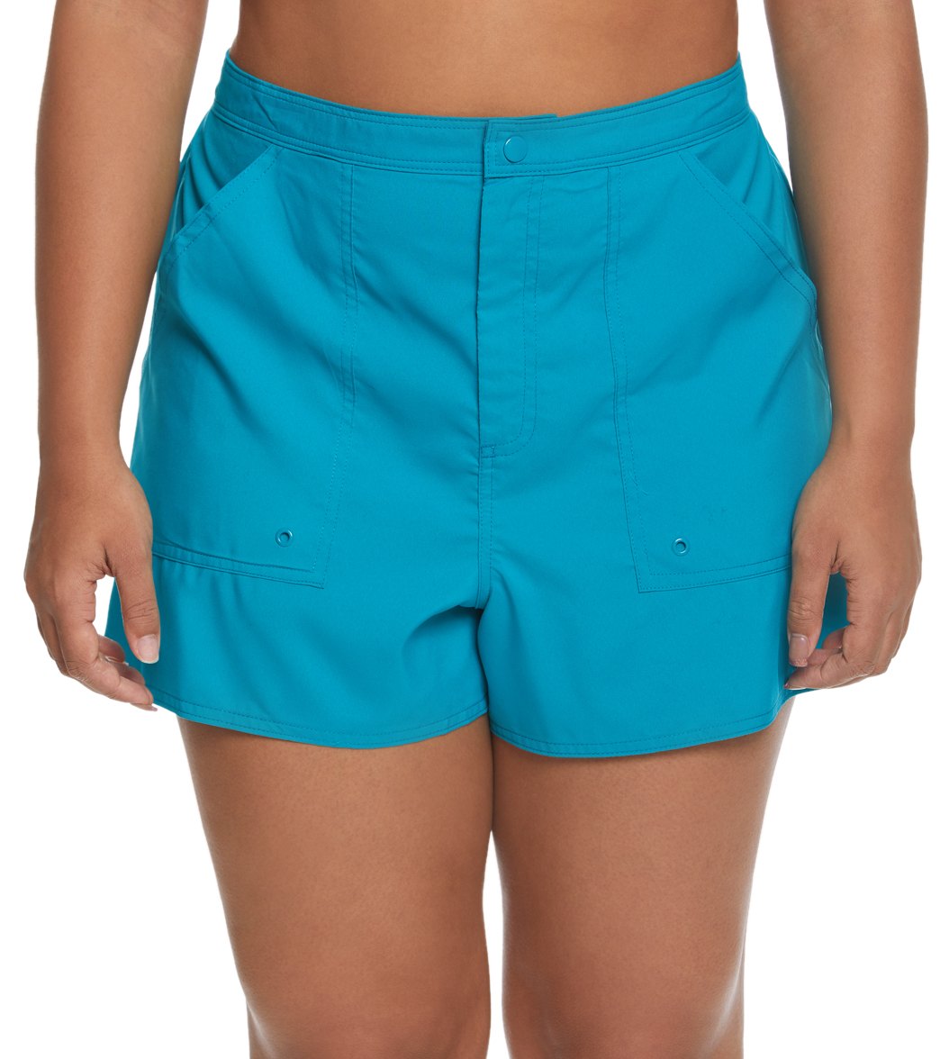 Maxine plus size solids woven board shorts - emerald 18w polyester - swimoutlet.com