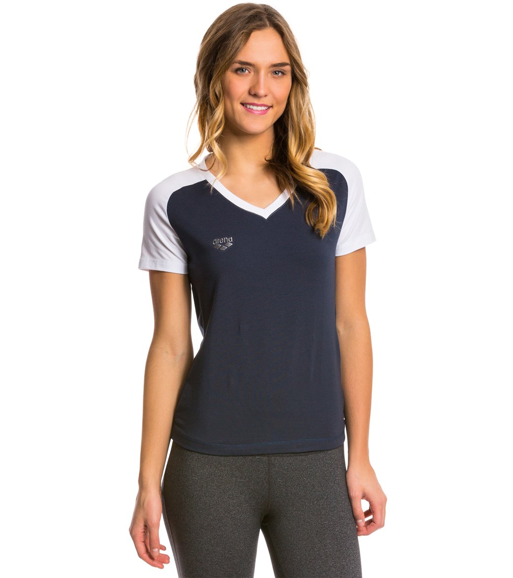 Arena Curby Women's V-Neck Tee Shirt - Navy/White Xsmall Size X-Small Cotton/Elastane - Swimoutlet.com