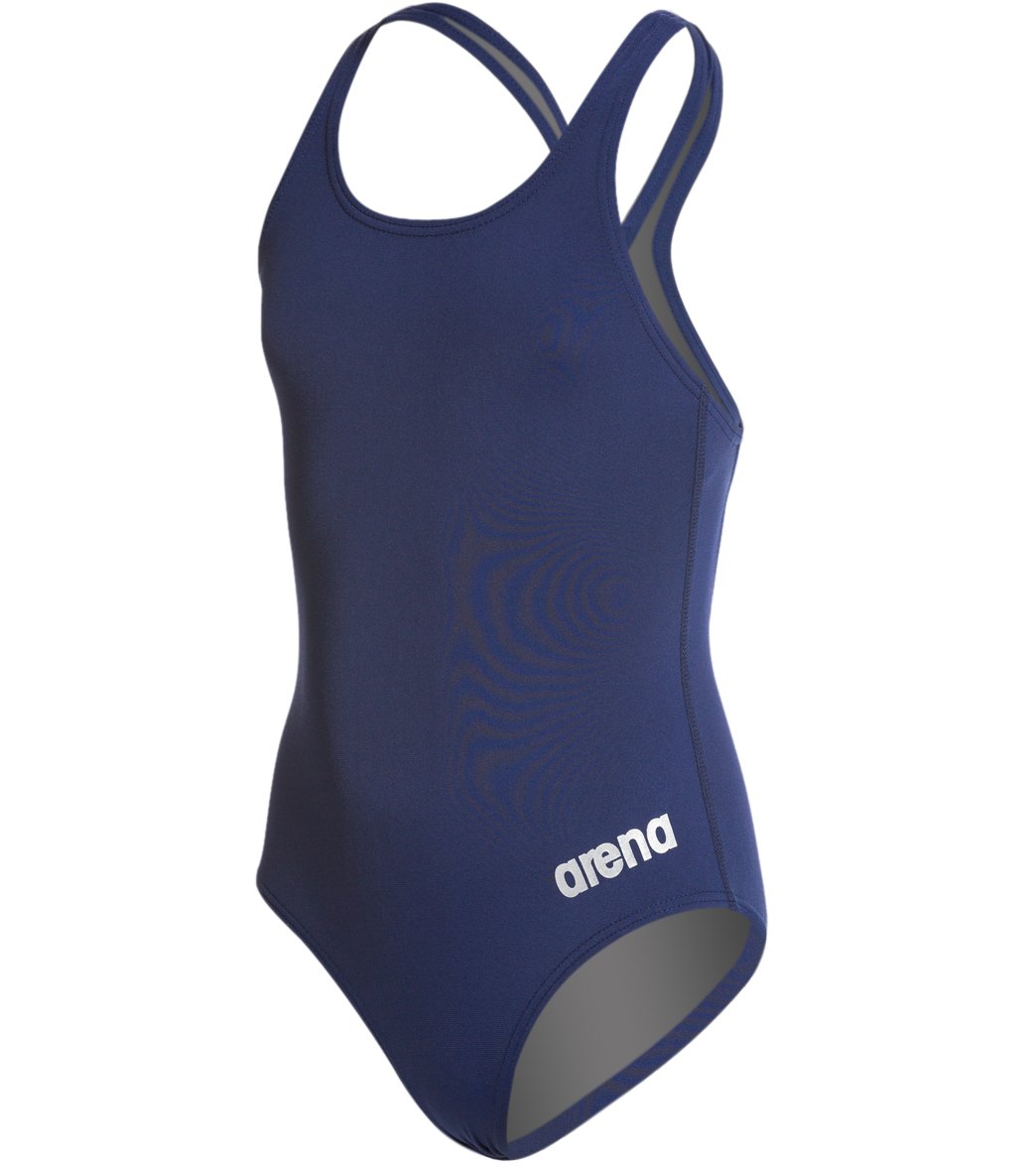 Arena Girls' Madison Athletic Thick Strap Racer Back One Piece Swimsuit - Navy/Metallic Silver 10Y/26 Polyester/Pbt - Swimoutlet.com
