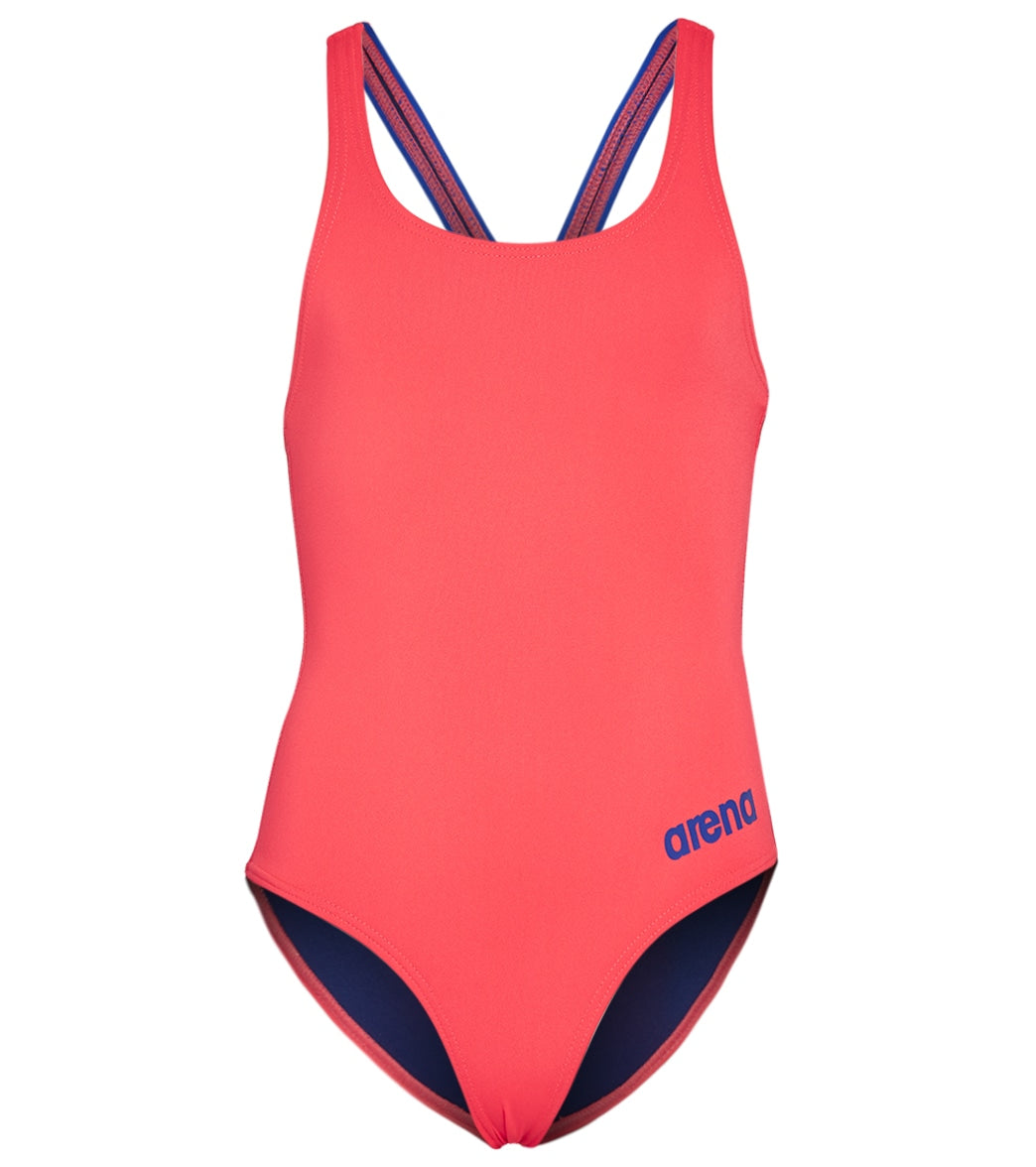 Arena Girls' Madison Athletic Thick Strap Racer Back One Piece Swimsuit - Fluo Red/Neon Blue 28 Polyester/Pbt - Swimoutlet.com