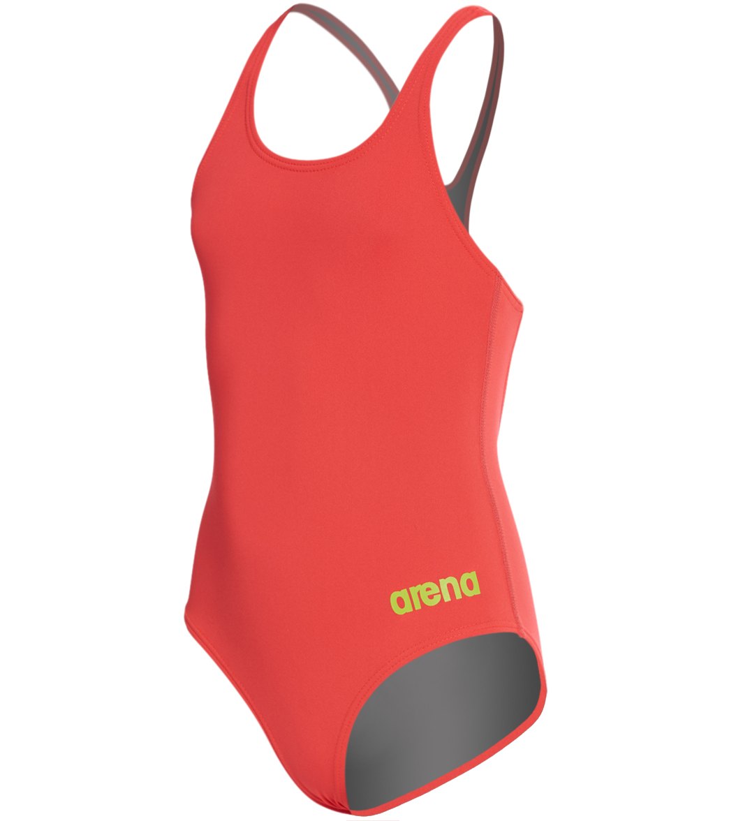 Arena Girls' Madison Athletic Thick Strap Racer Back One Piece Swimsuit - Flou Red/Soft Green 28 Polyester/Pbt - Swimoutlet.com