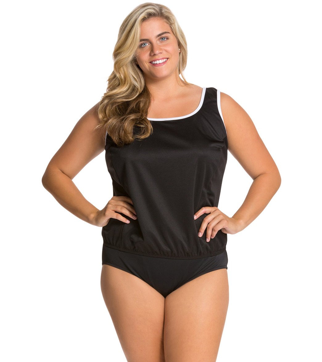 Tuffy Plus Size Chlorine Resistant Polyester Blouson Tankini Top - Black 24W - Swimoutlet.com