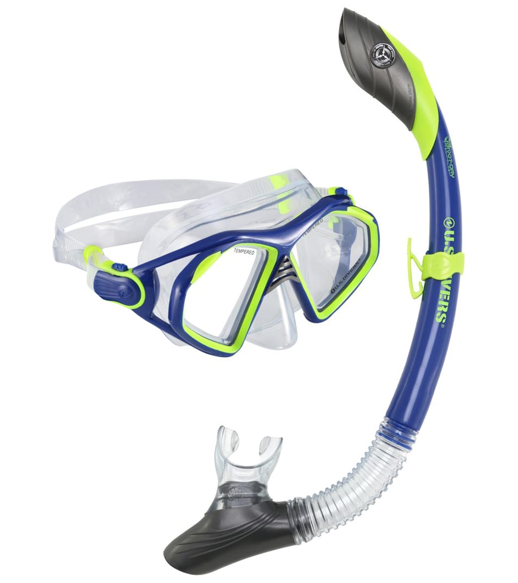 U.s. Divers Admiral 2Lx/Island Dry Mask And Snorkel Set - Blue/Neon Silicone - Swimoutlet.com