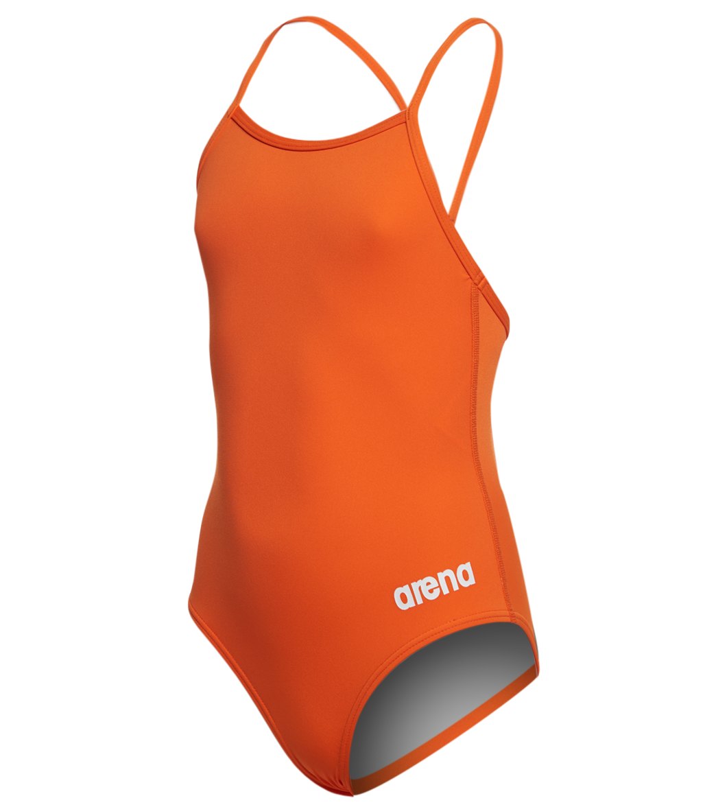 Arena Girls' Master Maxlife Thin Strap Micro Back One Piece Swimsuit - Mango/White 12Y/28 Polyester/Pbt - Swimoutlet.com