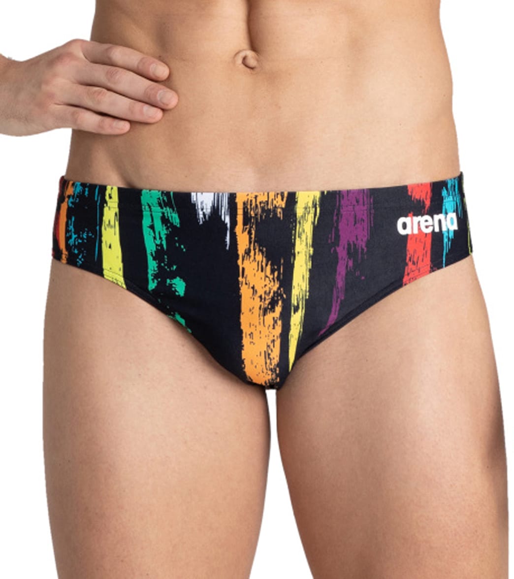 Arena Men's Team Painted Stripes Brief Swimsuit - Black/Multi Yellow 22 Polyester - Swimoutlet.com