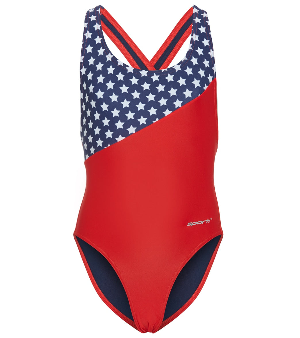 Sporti Star Spangled Wide Strap Cross Back One Piece Swimsuit Youth 22-28 - Red/White/Blue 22Y - Swimoutlet.com