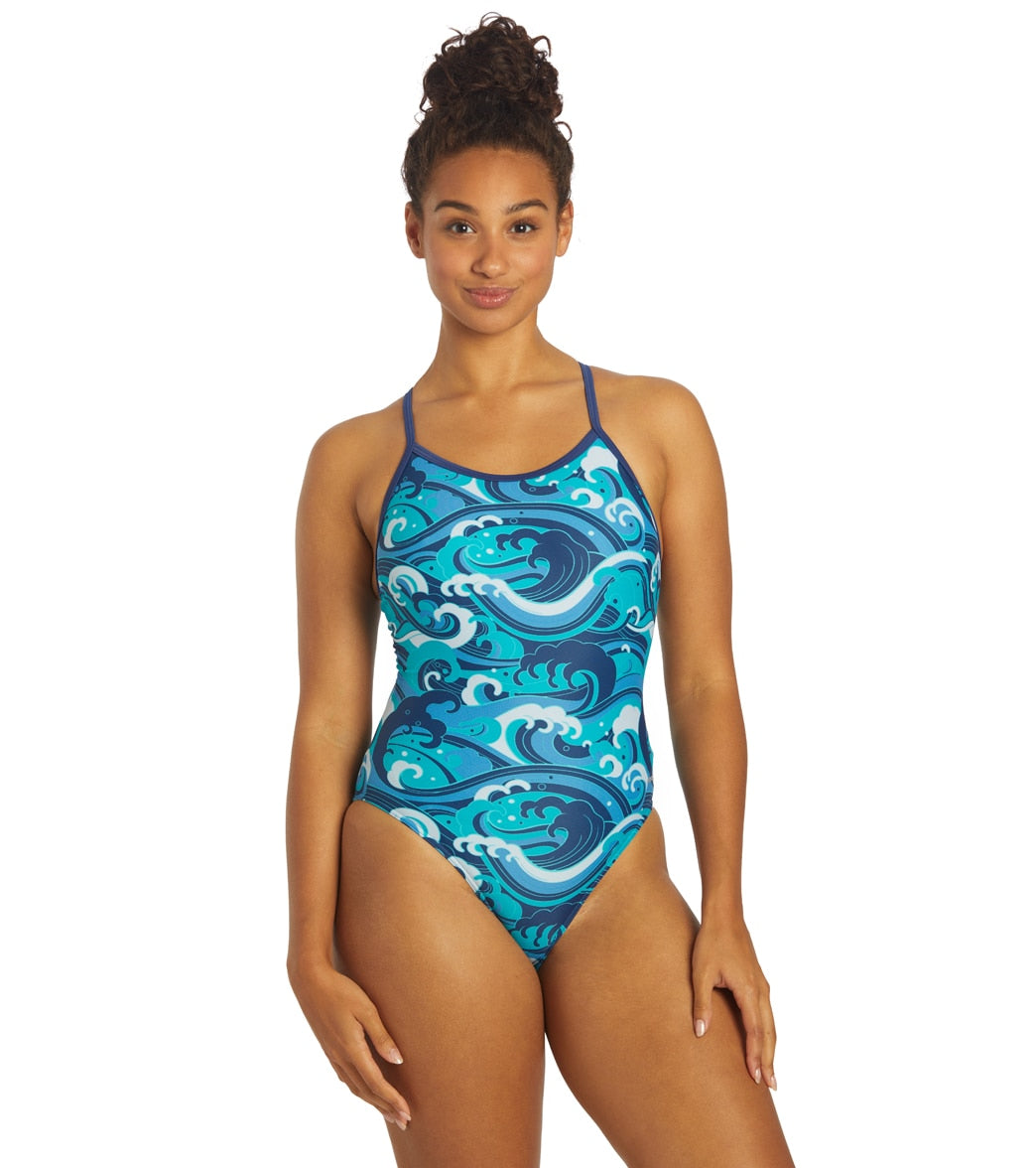 Sporti Great Wave Thin Strap One Piece Swimsuit - Blue Multi 34 Polyester - Swimoutlet.com