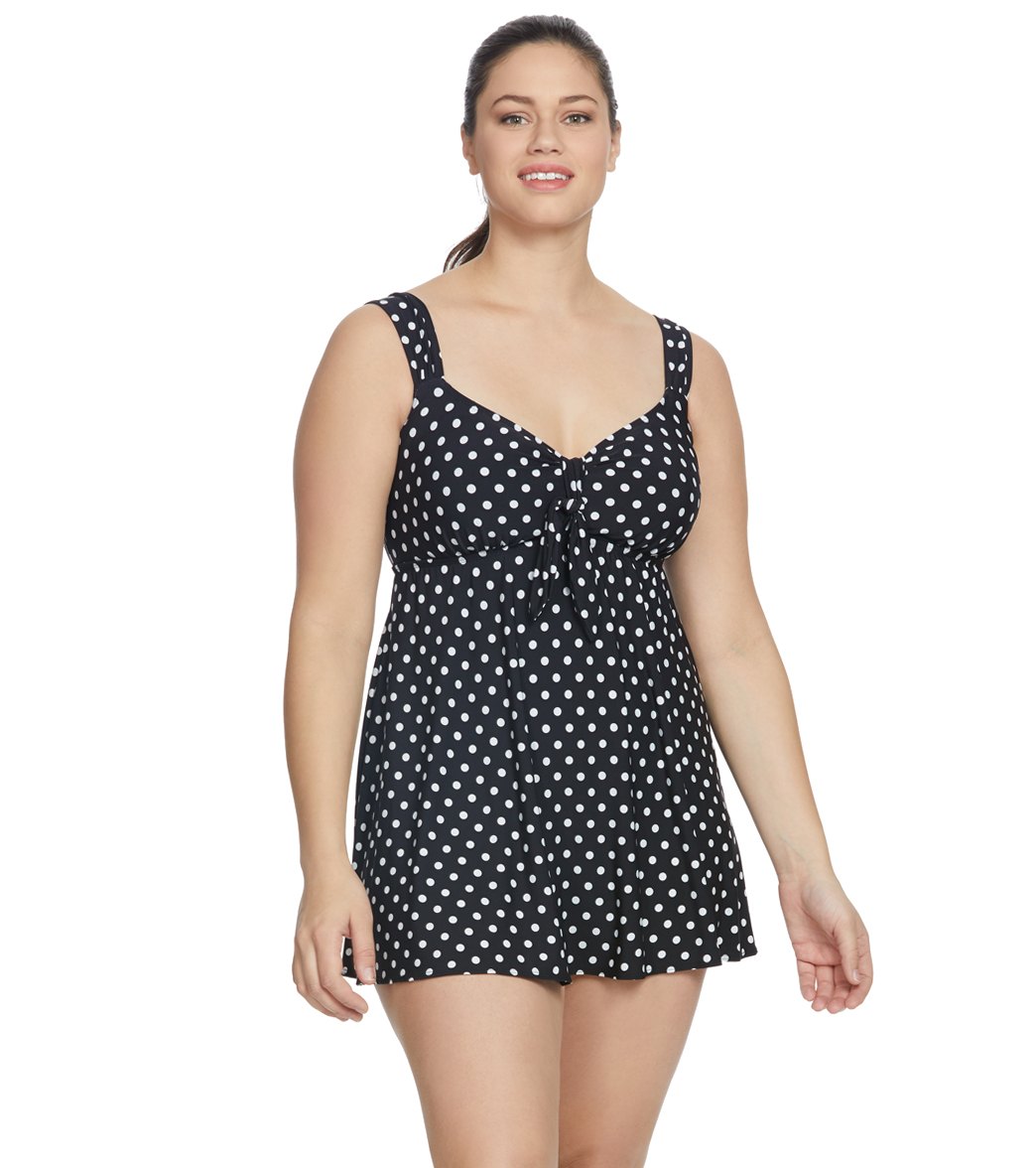 Longitude Plus Size Dot To Dot Tie Front Swim Dress at SwimOutlet.com
