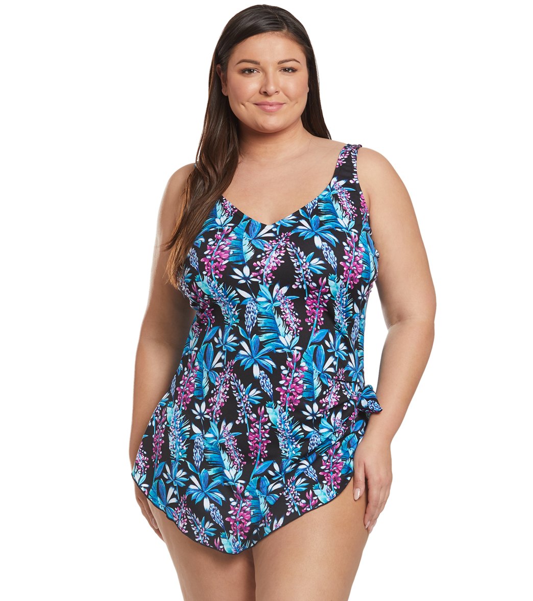 Maxine Plus Size Prarie Dreams Chlorine Resistant Wide Strap Sarong One Piece Swimsuit At