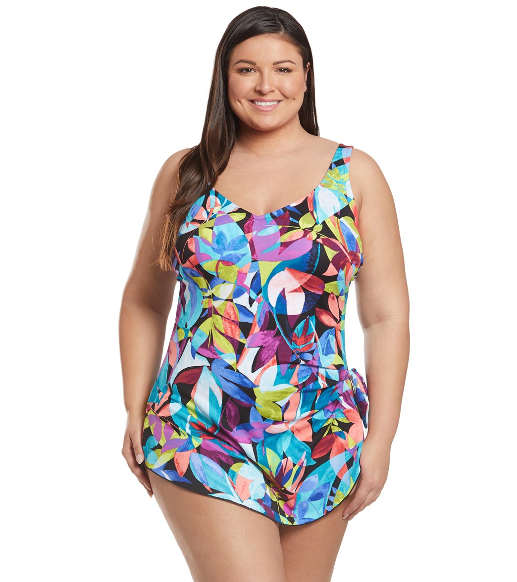 Maxine Plus Size Fiesta Chlorine Resistant Wide Strap Sarong One Piece Swimsuit At 7993