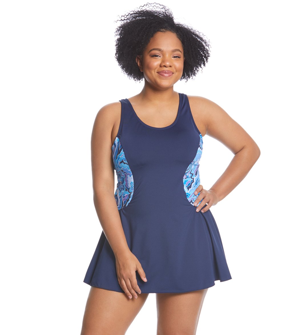 Dolfin Aquashape Women's Plus Size Iris Blue Color Block Swimdress at ...