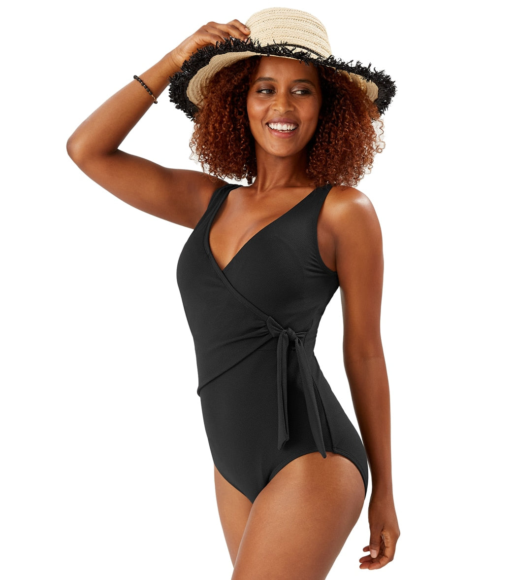 Tommy Bahama Women's Pique Colada Wrap One Piece Swimsuit - Black 10 - Swimoutlet.com