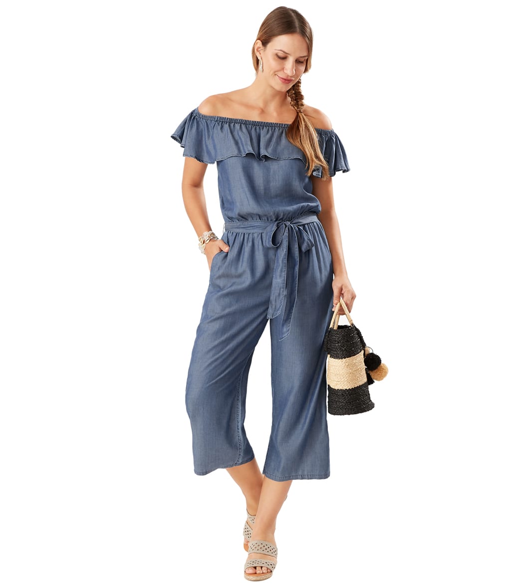 Tommy Bahama Women's Chambray Off The Shoulder Crop Jumpsuit - Small - Swimoutlet.com