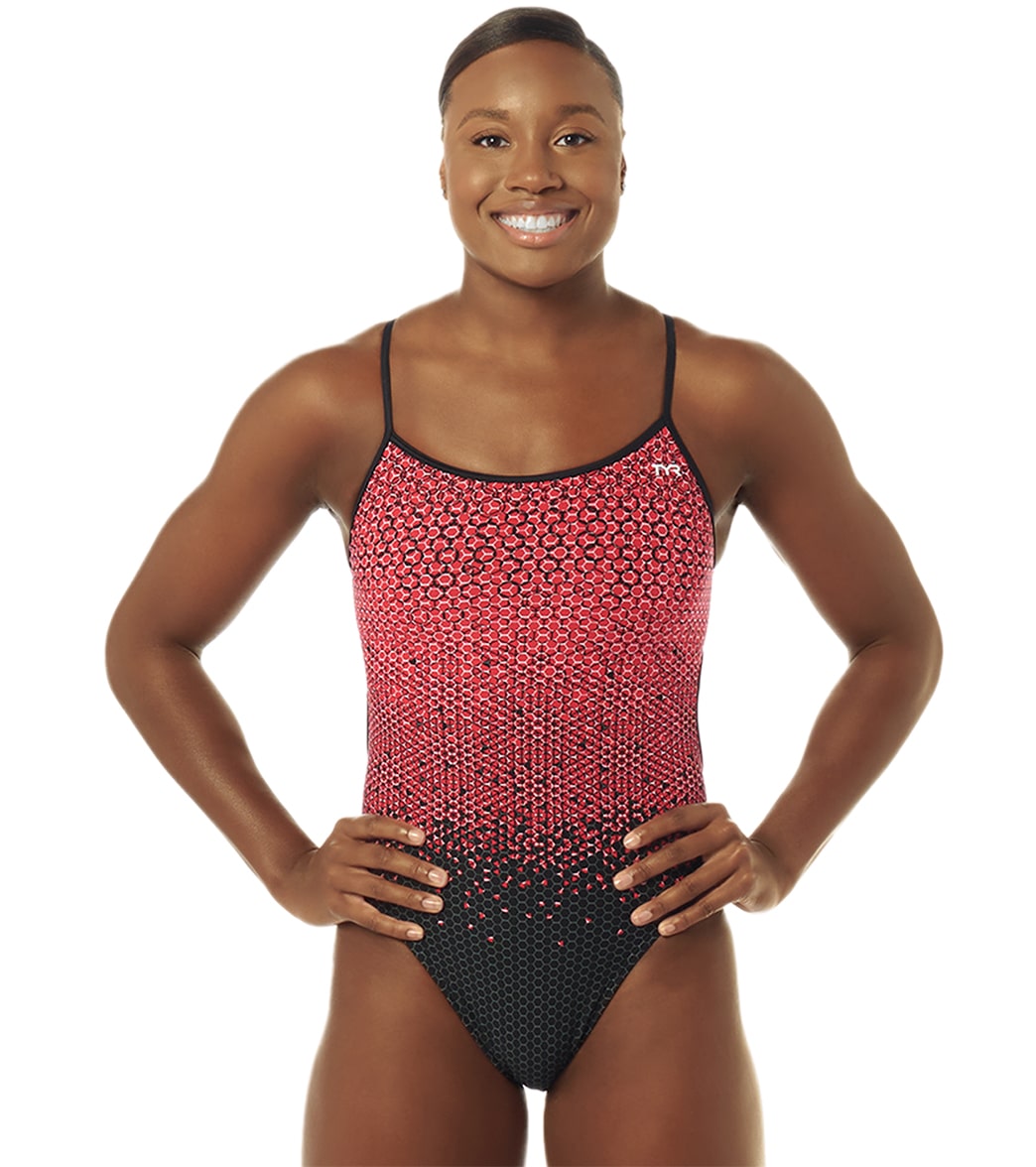 TYR X Simone Manuel Women's Galactic Glow Trinityfit One Piece Swimsuit - Red 32 Polyester/Spandex - Swimoutlet.com