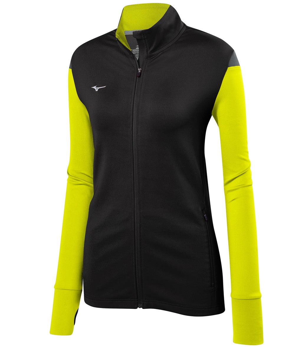 Mizuno Girls' Horizon Full Zip Volleyball Jacket - Black/Lemon/Charcoal Large Cotton/Polyester - Swimoutlet.com