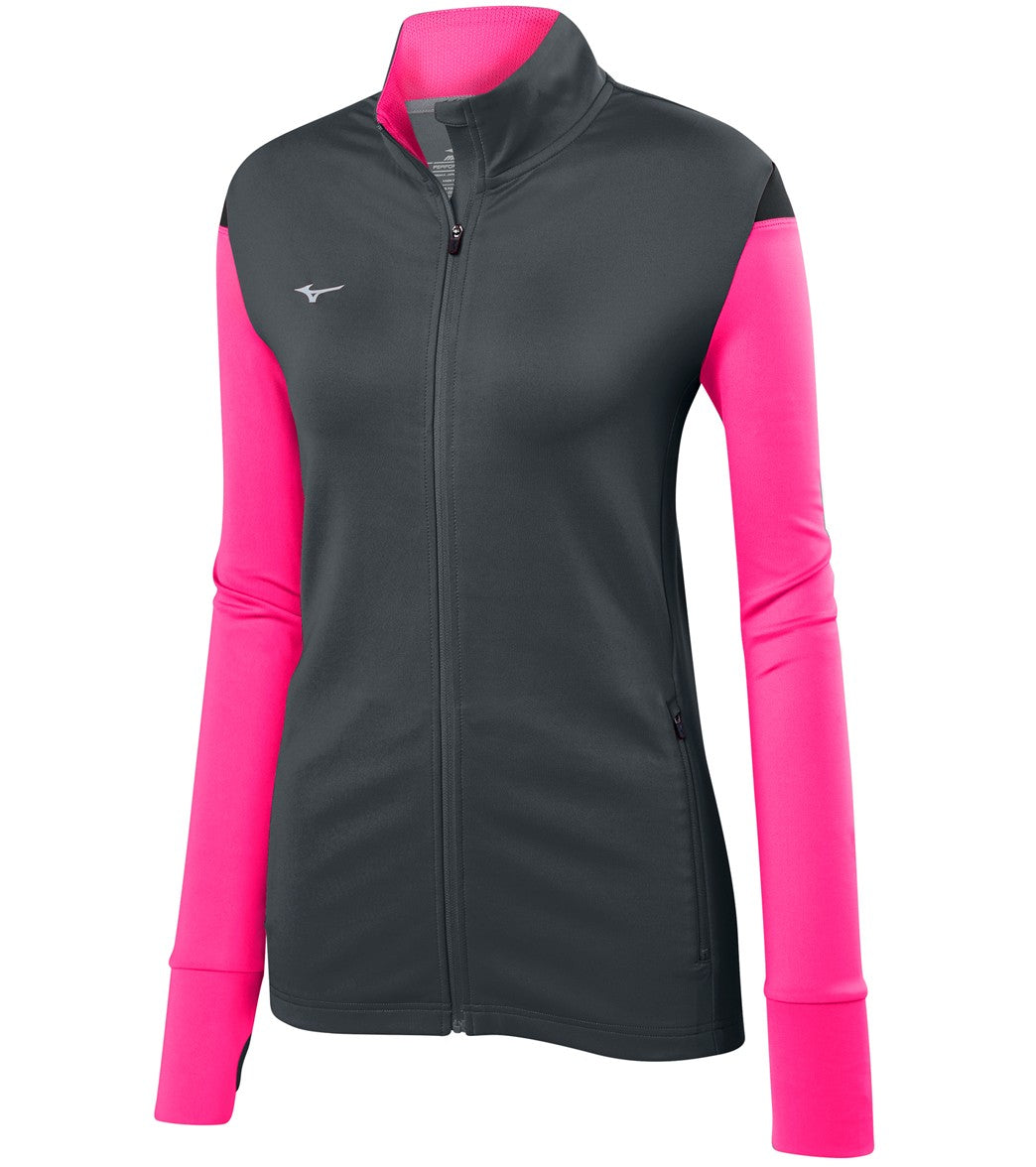 Mizuno Girls' Horizon Full Zip Volleyball Jacket - Charcoal/Shocking Pink/Black Large Cotton/Polyester - Swimoutlet.com