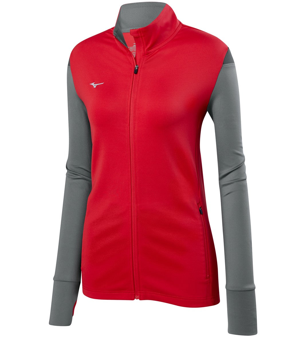Mizuno Girls' Horizon Full Zip Volleyball Jacket - Red/Silver/Charcoal Large Cotton/Polyester - Swimoutlet.com