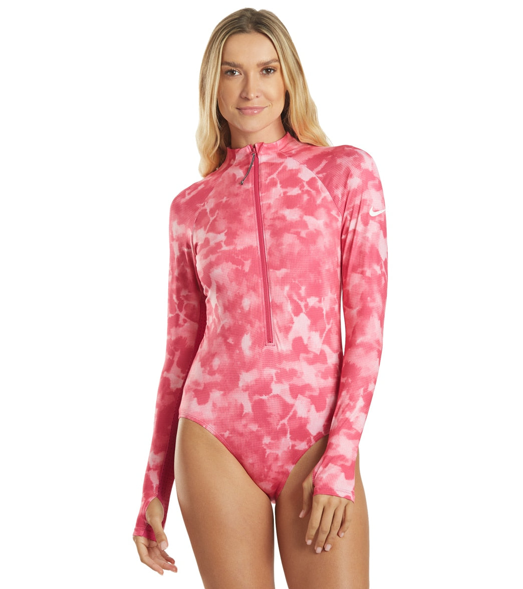 Nike Women's Chlorine Resistant Cloud Dye Long Sleeve One Piece Swimsuit - Fireberry Xl - Swimoutlet.com