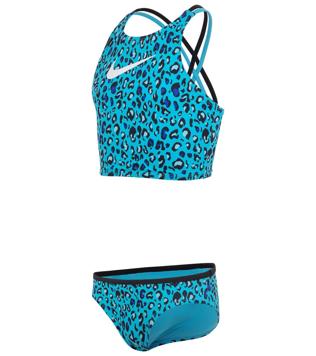 Nike Girls' Cheetah Two Piece Mid Bikini Set Big Kid - Chlorine Blue Medium Elastane/Polyamide - Swimoutlet.com