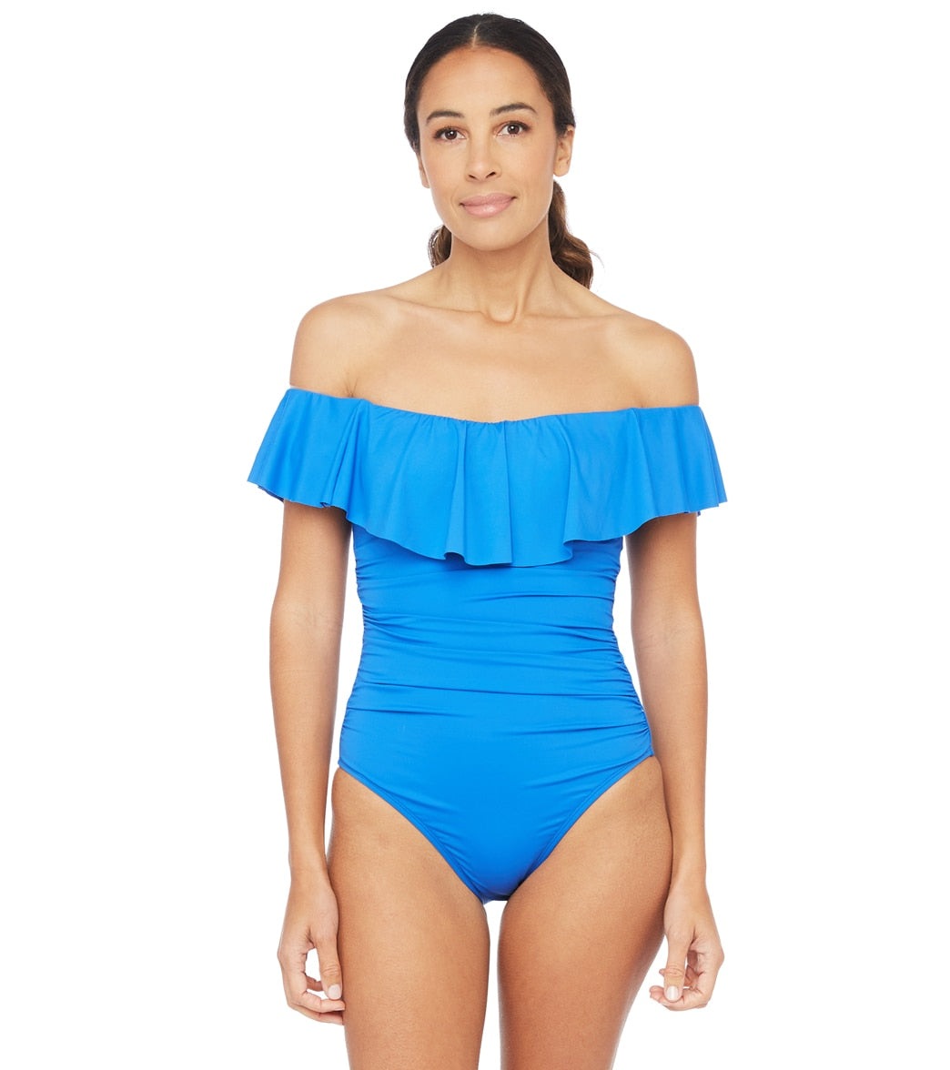 La Blanca Island Goddess Off The Shoulder Ruffle One Piece Swimsuit - China Blue 10 - Swimoutlet.com