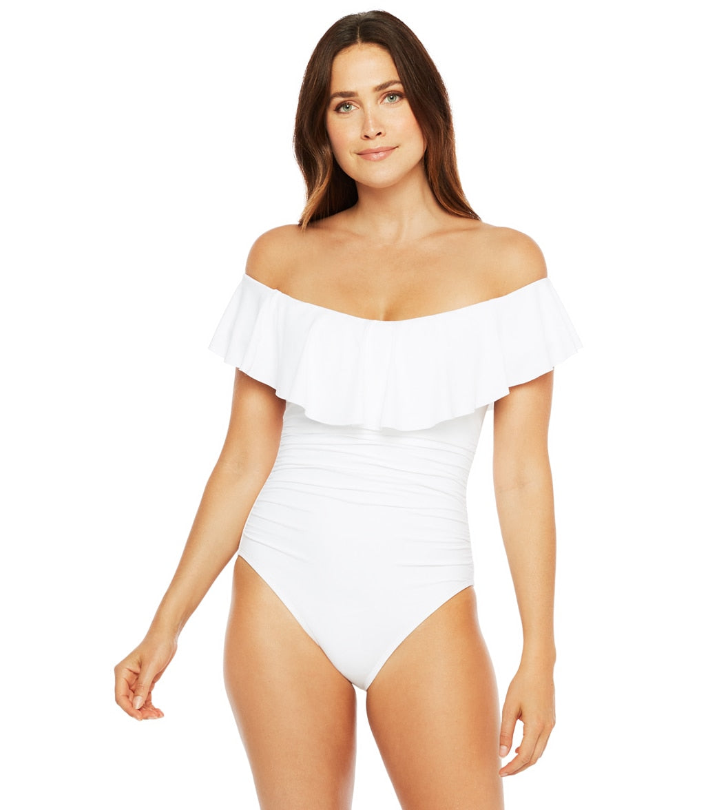 La Blanca Island Goddess Off The Shoulder Ruffle One Piece Swimsuit - White 10 - Swimoutlet.com