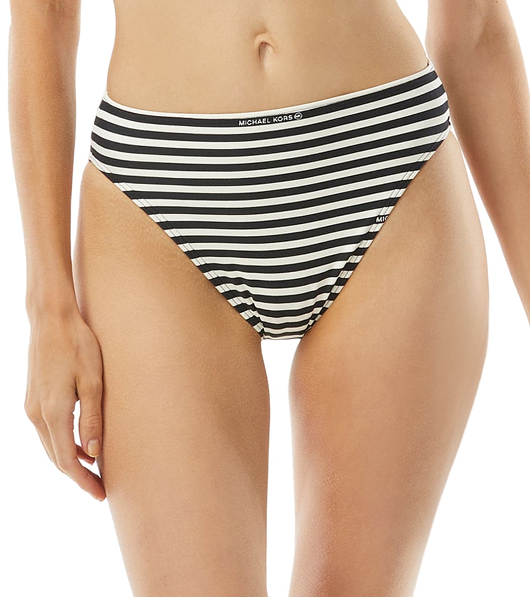 Michael Kors Women's Logo Stripe High Waisted Bottom - Bone Small - Swimoutlet.com