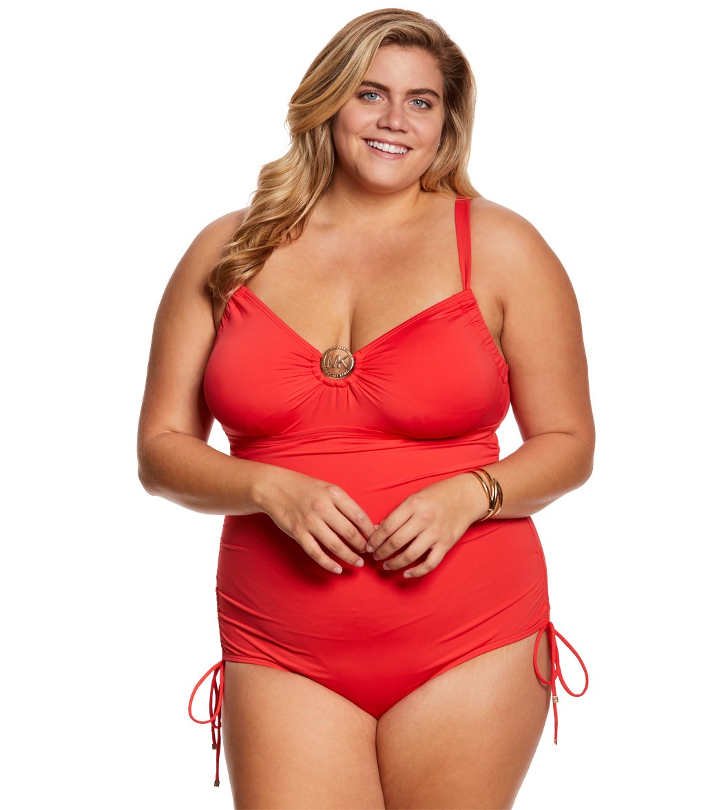 MICHAEL Michael Kors Plus Size Logo Ring One Shoulder One Piece Swimsuit  Iconic Solids 