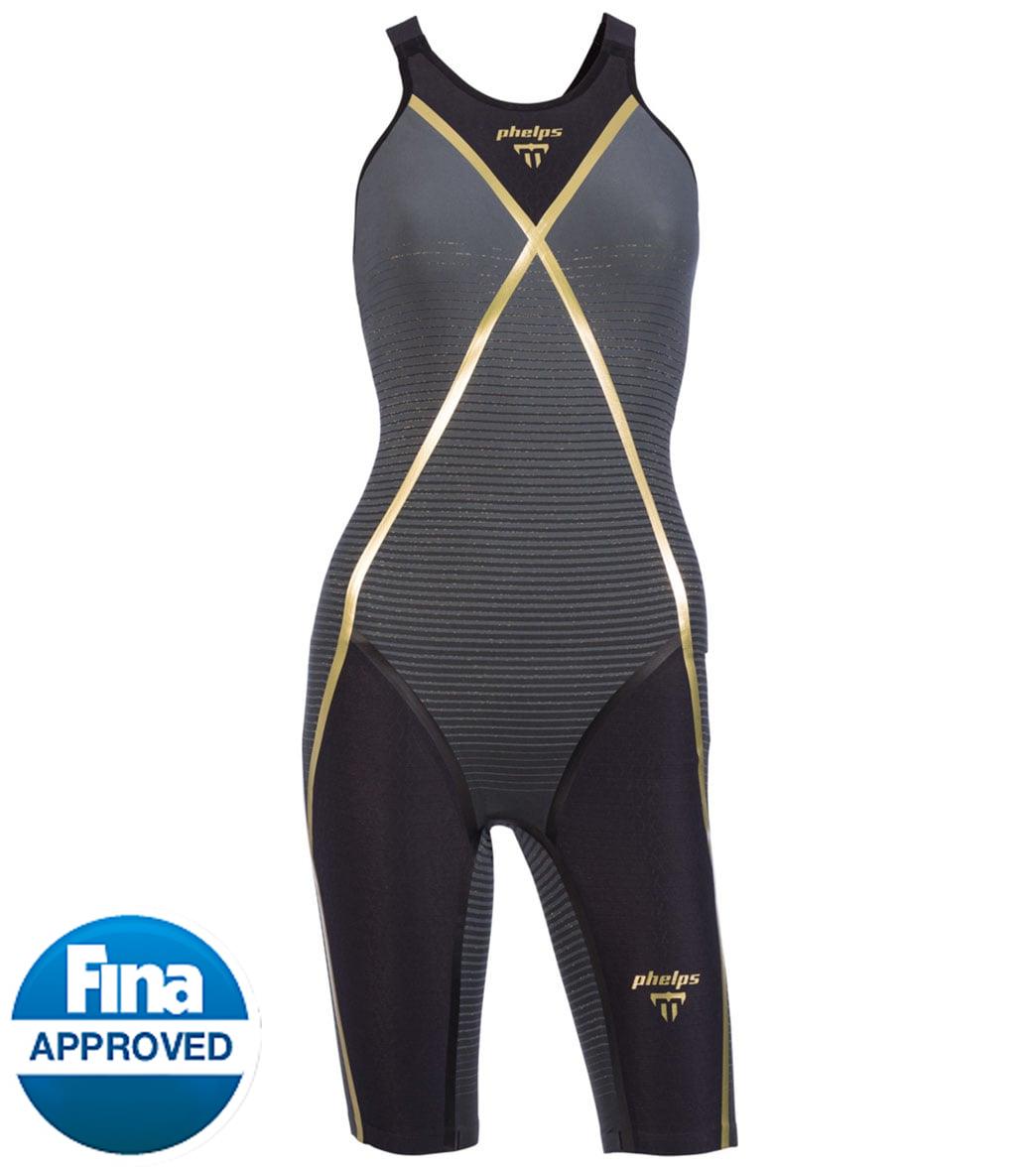 Phelps Women's Matrix Open Back Kneeskin Tech Suit Swimsuit - Black/Gray 20 Elastane/Polyamide - Swimoutlet.com