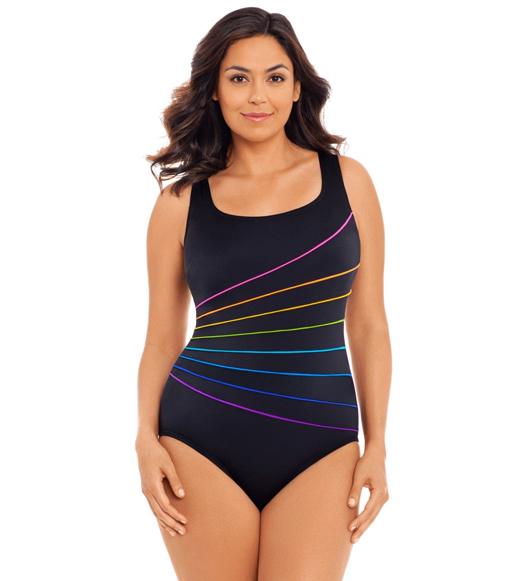 Longitude Women's Color Me Gorgeous 8 Piping Fan Tank One Piece Swimsuit - Black/Multi 10 - Swimoutlet.com