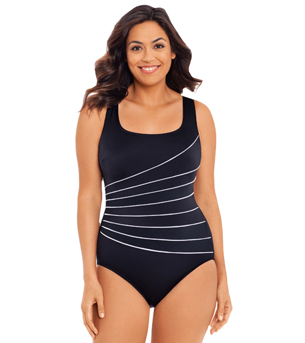 Longitude Women's Color Me Gorgeous 8 Piping Fan Tank One Piece Swimsuit - Black/White 10 - Swimoutlet.com